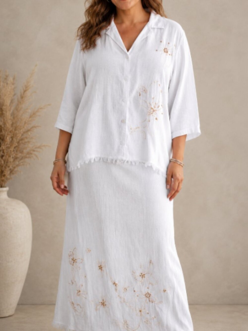 Requirements 2 Pc Top & Skirt Linen Blend Embroidered Beaded Boho Beach 2X-3X